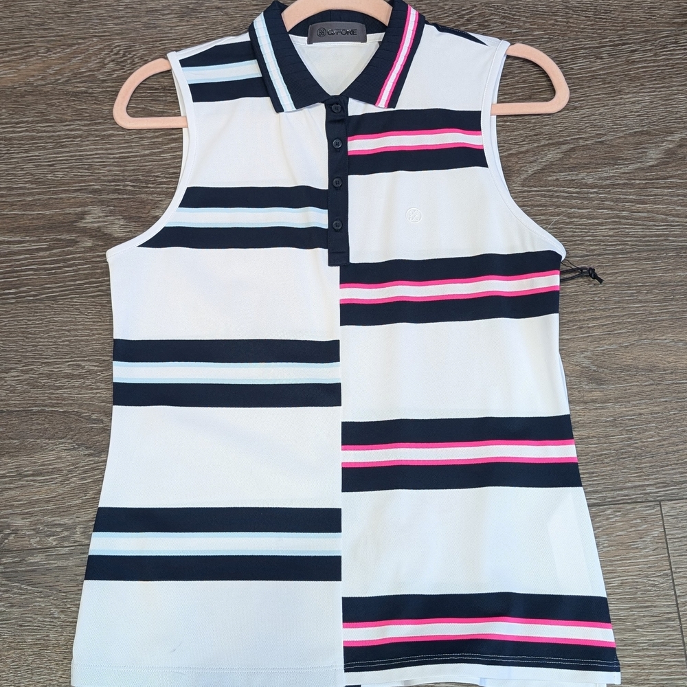 G/FORE Women's Navy Blue and Pink Striped Tank Top